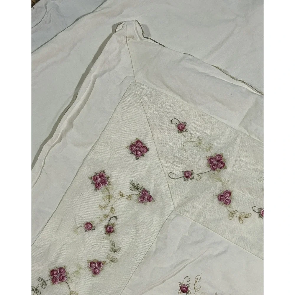 Throw Pillow Cover Bed Large Open Back Embroider Roses Pink Green Lace Inlay 27